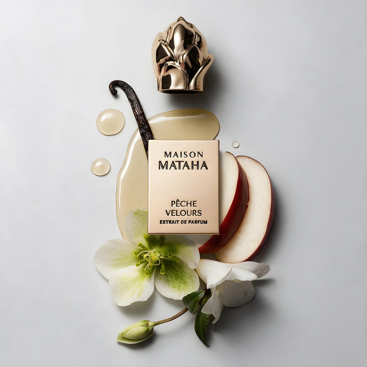 Maison Mataha Pêche Velours Extrait de Parfum בושם נישה עם אפרסק לבן, טוברוז, יסמין, וניל ומאסק לבן