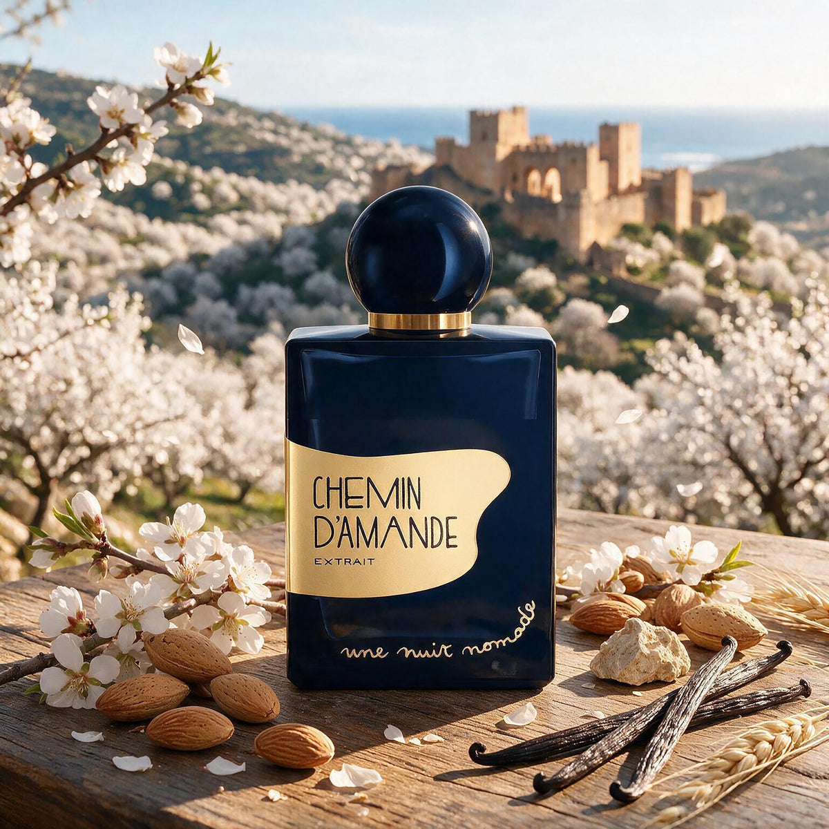 UNE NUIT NOMADE Chemin D'Amande Extrait de Parfum - בקבוק בושם נישה יוניסקס בניחוח שקדים, פריחת שקד, וניל, חיטה ותווים עציים
