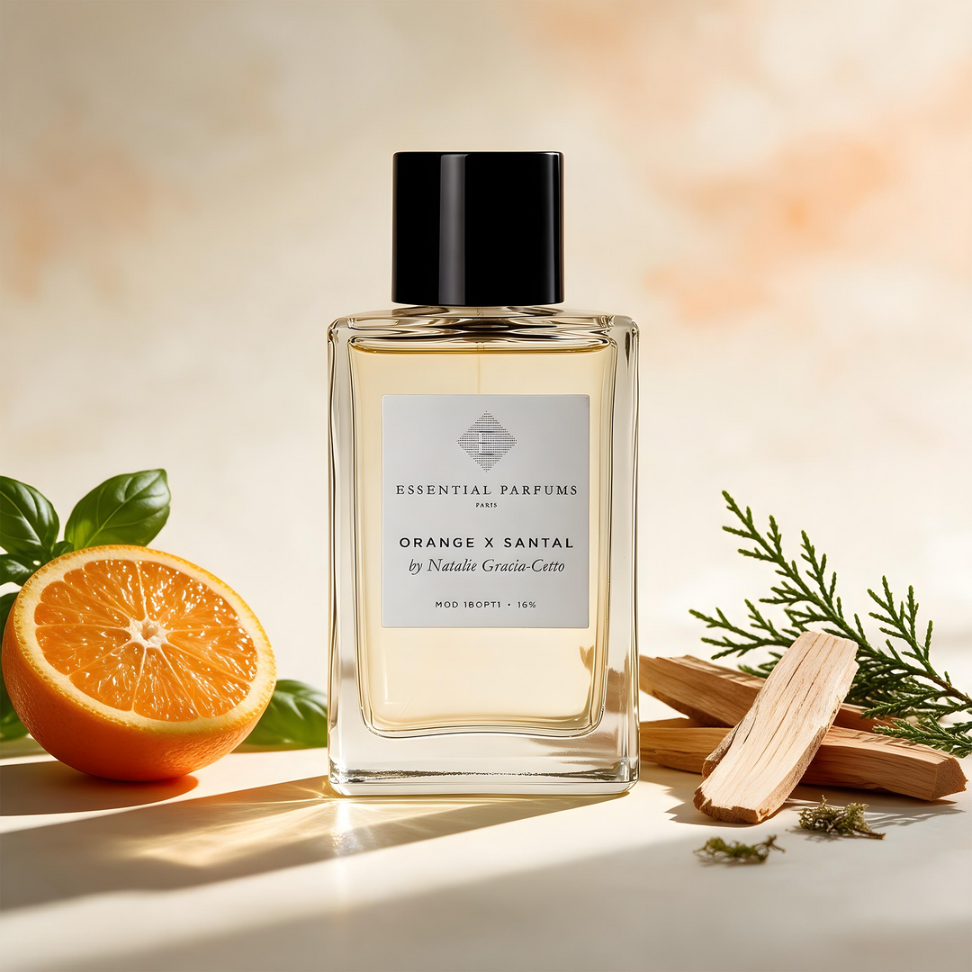 Essential Parfums Orange X Santal Eau de Parfum, בושם יוניסקס הדרי ועצי עם תפוז וסנדלווד, דוגמיות ודיקנטים