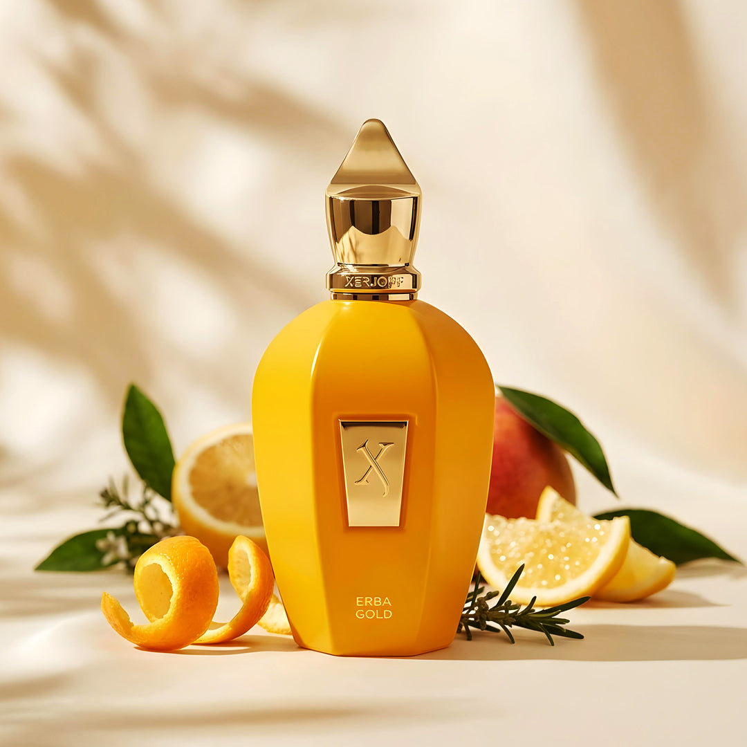 XERJOFF Erba Gold Eau de Parfum with citrus fruits and green leaves